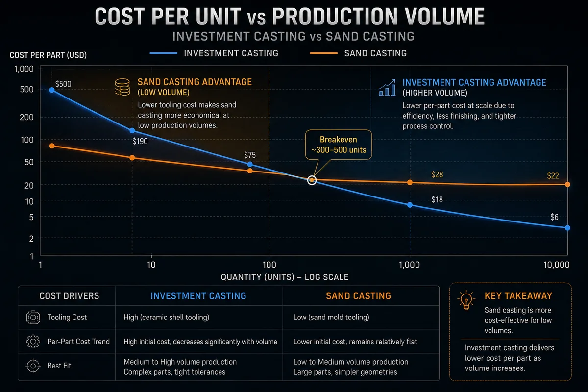 Per-part cost versus production volume for investment casting and CNC machining, showing the break-even crossover