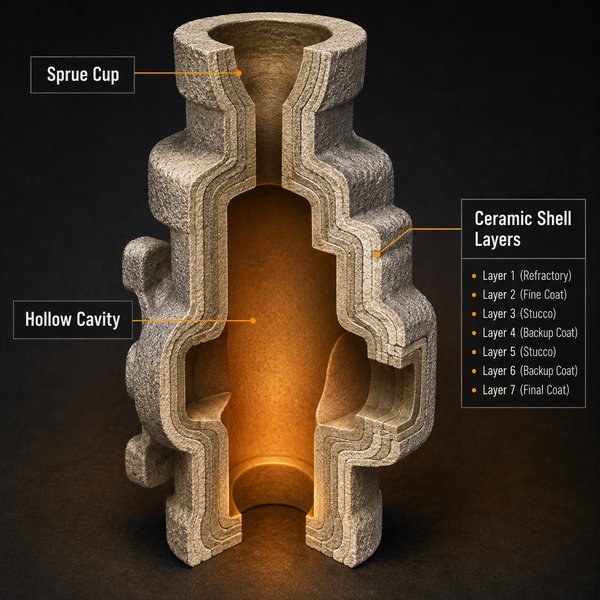Ceramic shell mold cross section after dewaxing showing hollow cavity