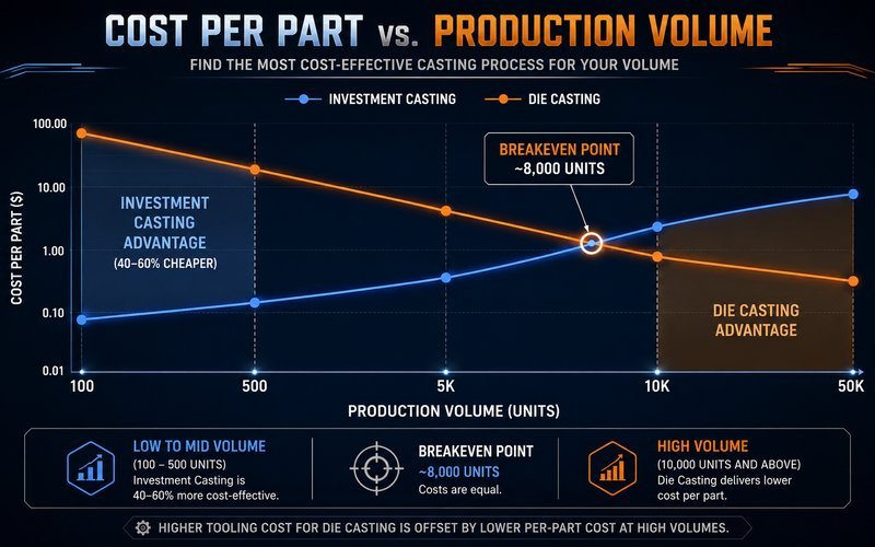 Cost per part comparison chart at different production volumes for investment and die casting