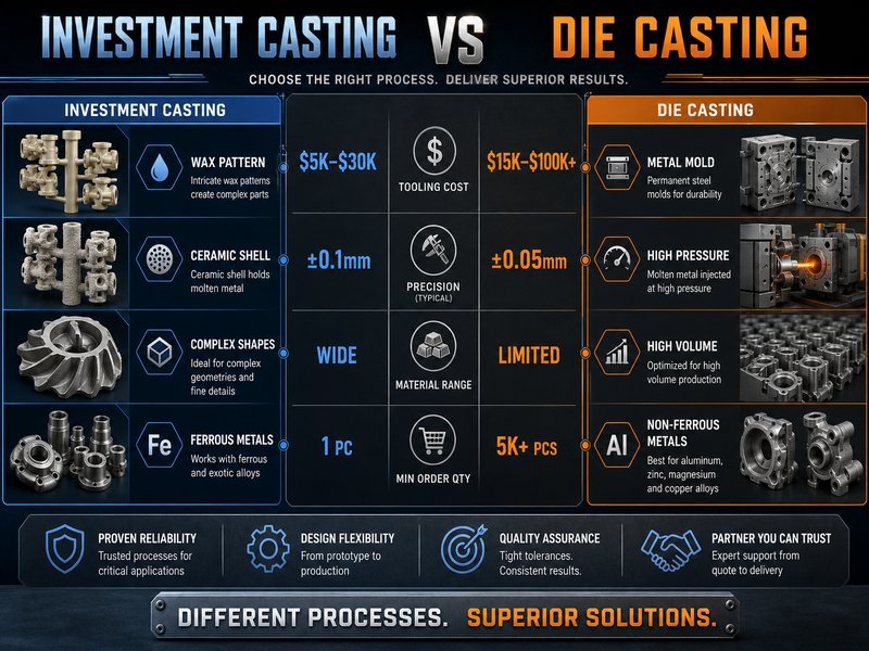 Investment casting vs die casting comparison chart showing cost, precision, and material differences